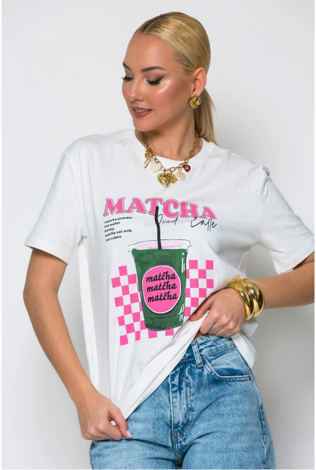 T-shirt κόντομάνικο με στάμπα matcha iced latte λευκό
