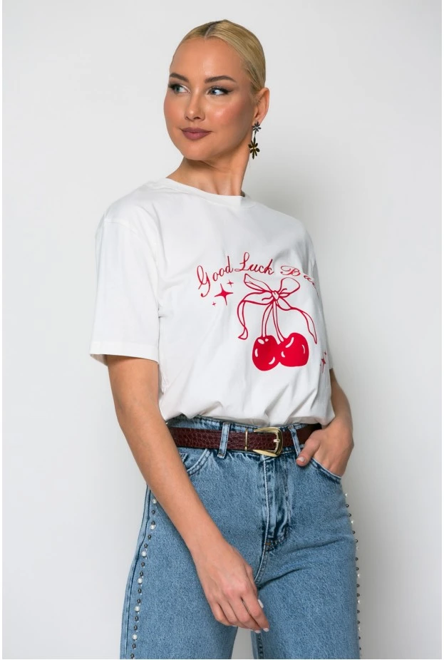 T-shirt κοντομάνικο με στάμπα cherry λευκό