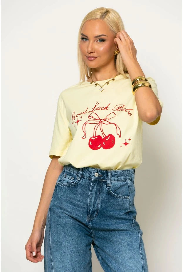 T-shirt κοντομάνικο με στάμπα cherry κίτρινο