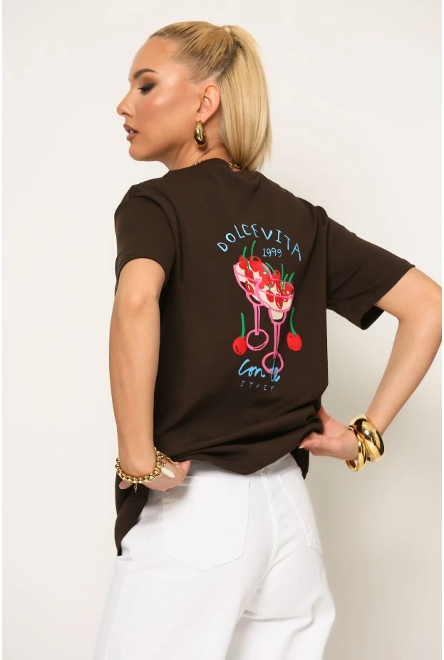 T-shirt με στάμπα dolce vita καφέ