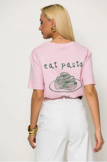 T-shirt με στάμπα eat pasta καφέ