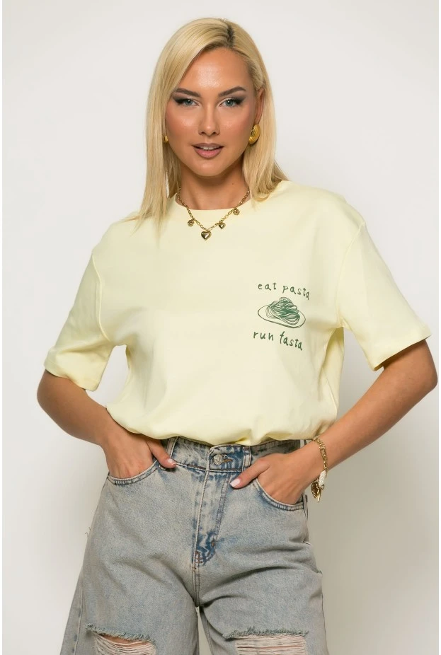 T-shirt με στάμπα eat pasta κίτρινο