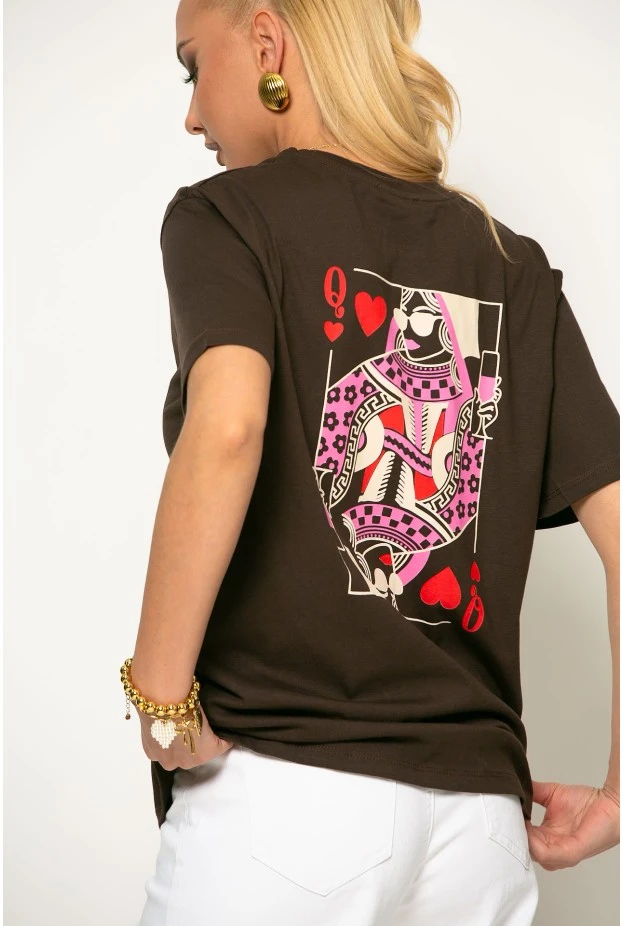 T-shirt με στάμπα Q καφέ