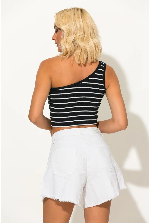 Crop top ριγέ με έναν ώμο μπλε