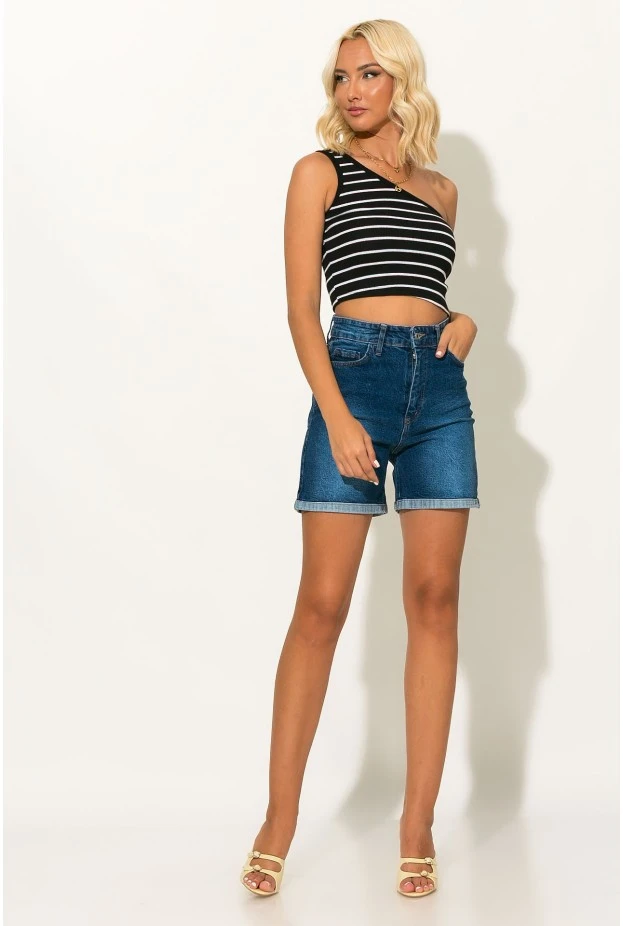 Crop top ριγέ με έναν ώμο μαύρο