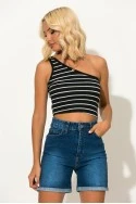 Crop top ριγέ με έναν ώμο μαύρο