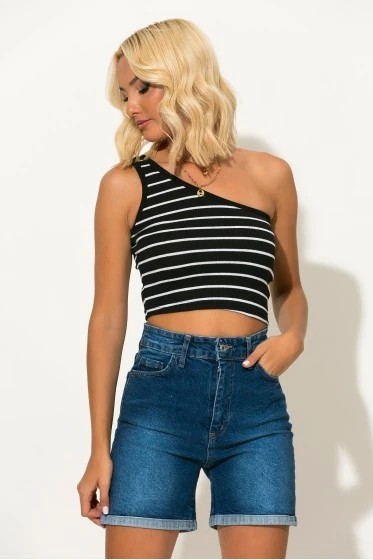 Crop top ριγέ με έναν ώμο μαύρο