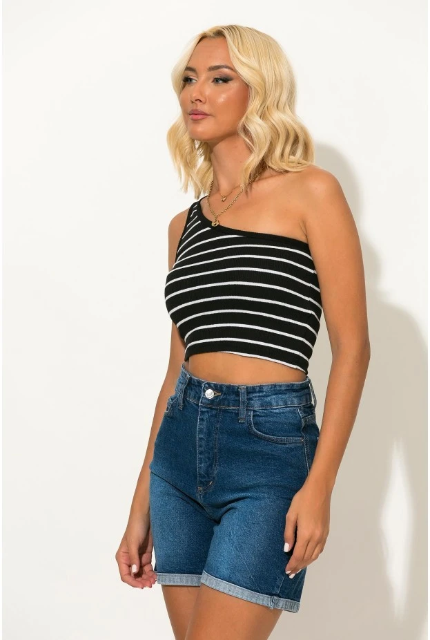 Crop top ριγέ με έναν ώμο μαύρο