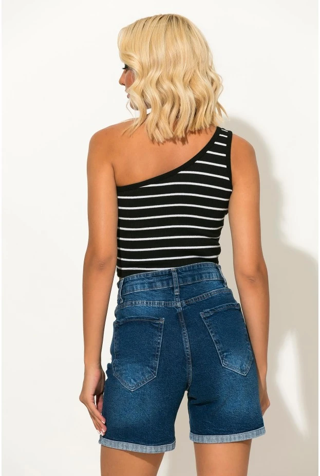 Crop top ριγέ με έναν ώμο μαύρο