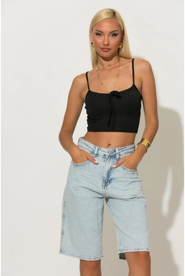 Crop top ριπ με δέσιμο στο στήθος μαύρο