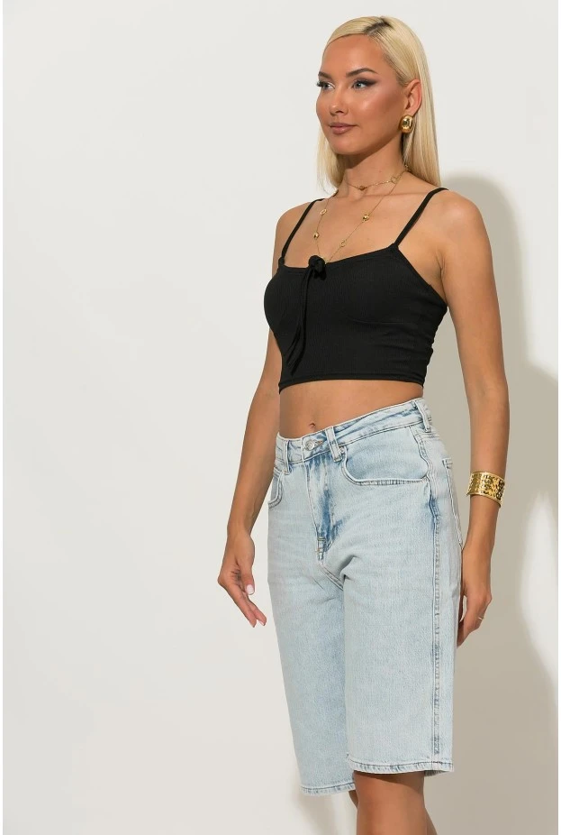 Crop top ριπ με δέσιμο στο στήθος μαύρο