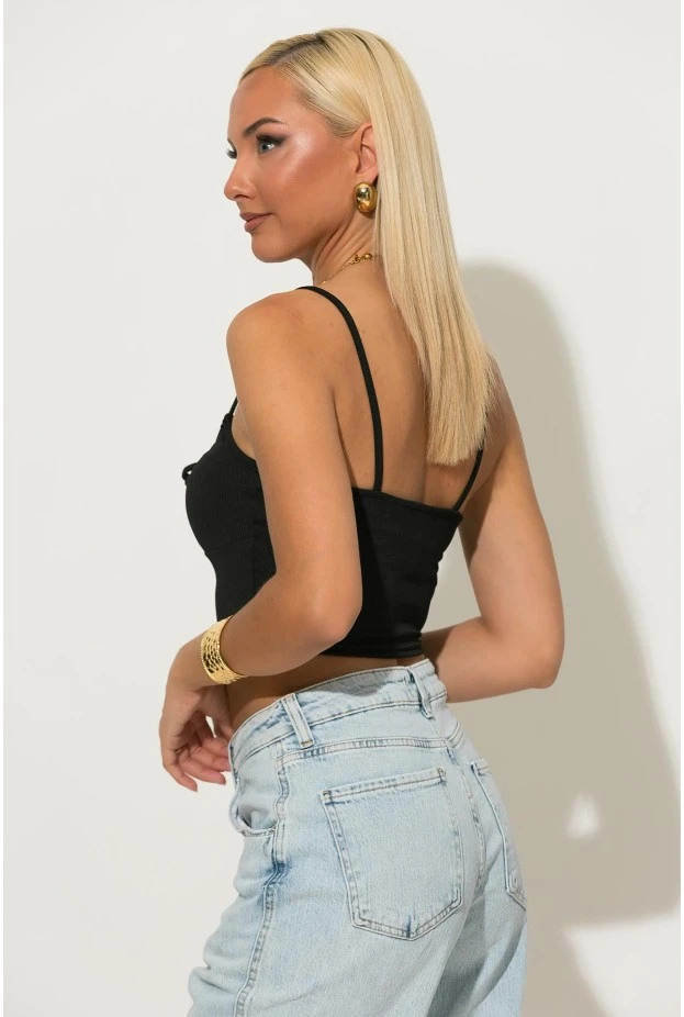 Crop top ριπ με δέσιμο στο στήθος μαύρο