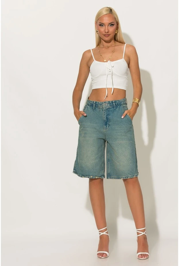 Crop top ριπ με δέσιμο στο στήθος λευκό