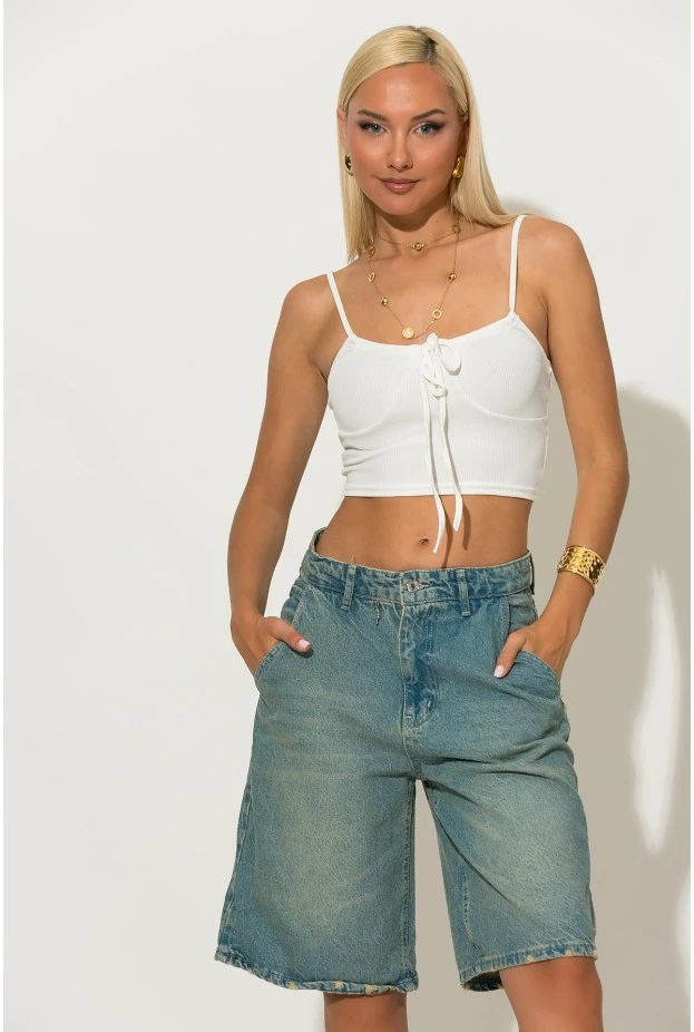 Crop top ριπ με δέσιμο στο στήθος λευκό