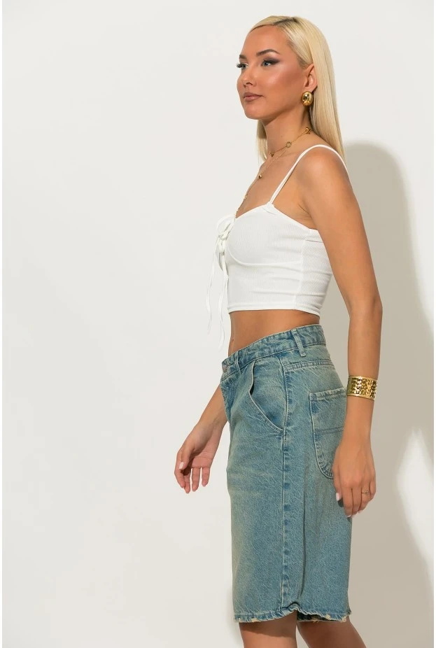 Crop top ριπ με δέσιμο στο στήθος λευκό