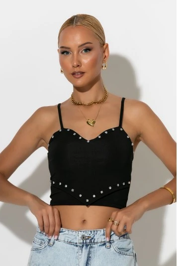 Crop top τιραντέ με strass σε σχήμα καρδιάς μαύρο