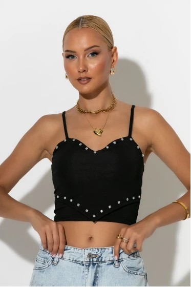 Crop top τιραντέ με strass σε σχήμα καρδιάς μαύρο