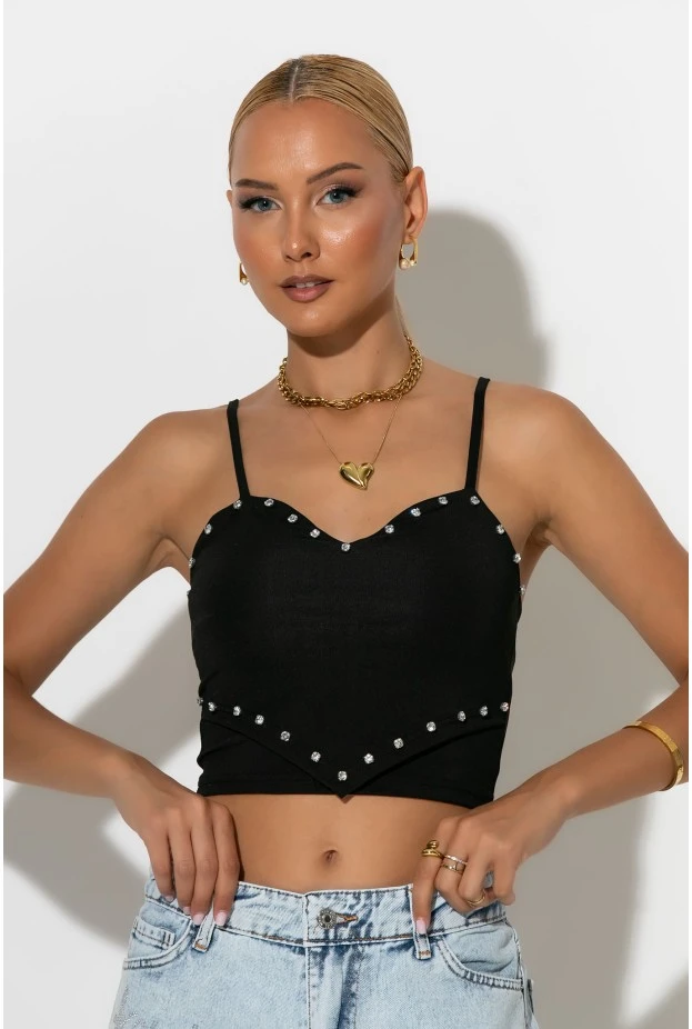Crop top τιραντέ με strass σε σχήμα καρδιάς μαύρο