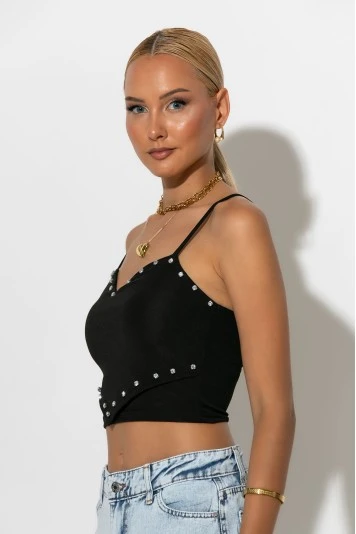 Crop top τιραντέ με strass σε σχήμα καρδιάς μαύρο