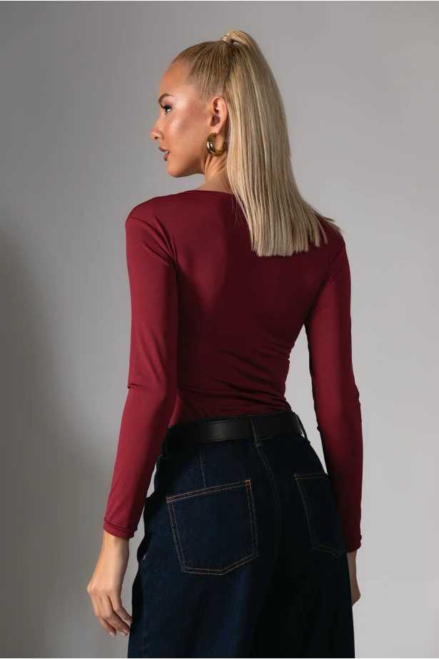 Κορμάκι μακρυμάνικο με στογγυλή λαιμόκοψη μπορντό