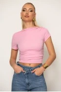 T-shirt με λοξή λαιμόκοψη ροζ