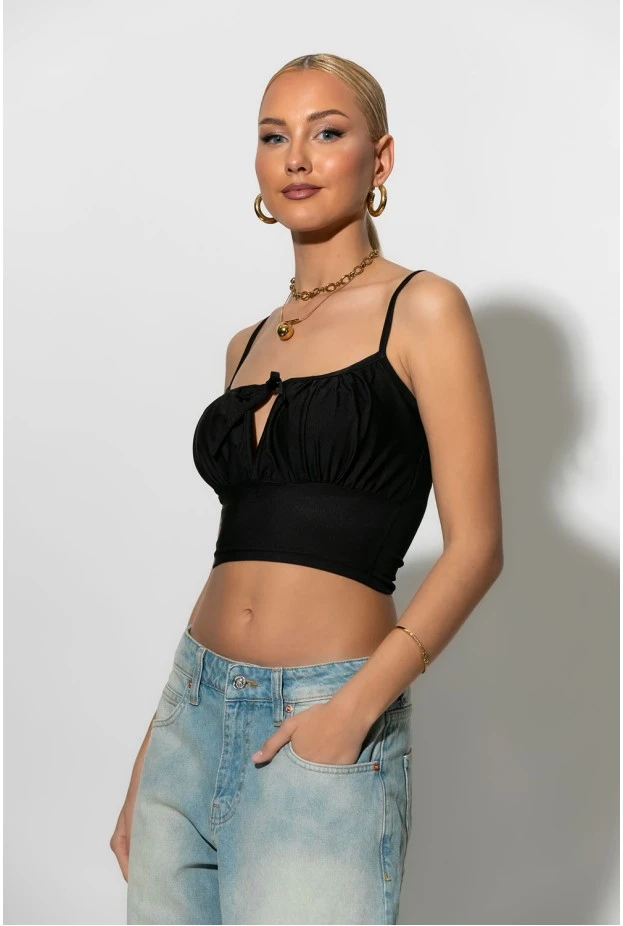 Crop top τιραντέ με κορδόνι μπροστά μαύρο