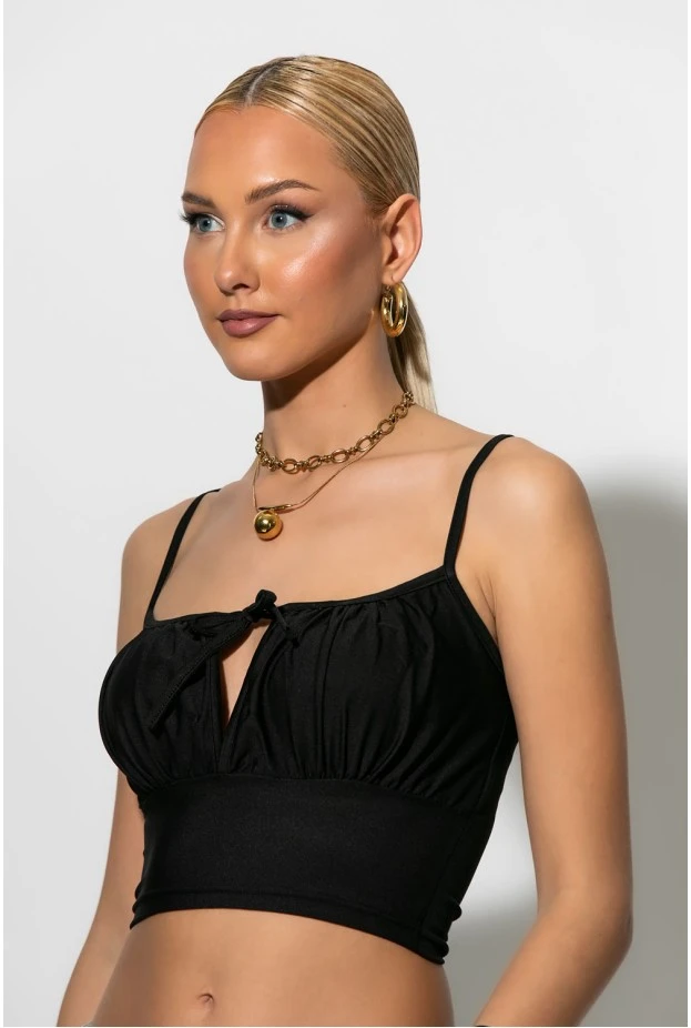 Crop top τιραντέ με κορδόνι μπροστά μαύρο