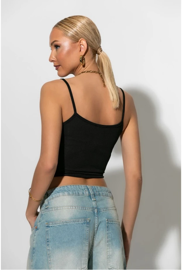 Crop top τιραντέ με κορδόνι μπροστά μαύρο