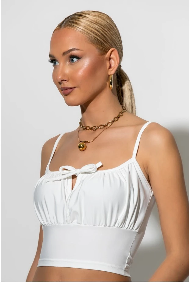 Crop top τιραντέ με κορδόνι μπροστά λευκό