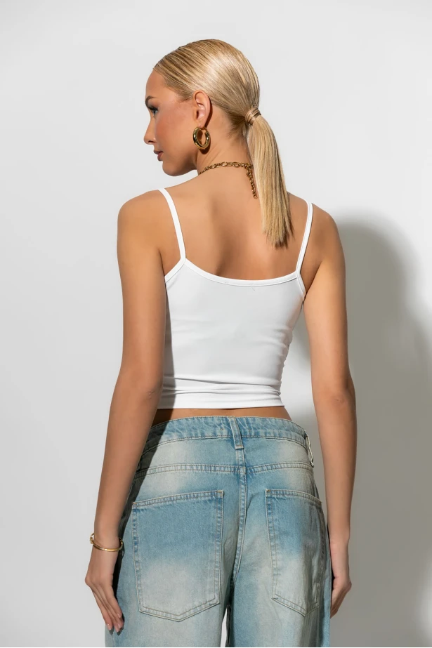 Crop top τιραντέ με κορδόνι μπροστά λευκό Crop top τιραντέ με κορδόνι μπροστά λευκό