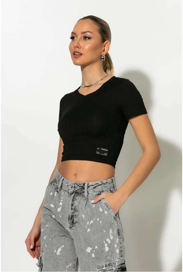 Crop top V κοντομάνικο μαύρο