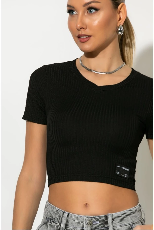 Crop top V κοντομάνικο μαύρο