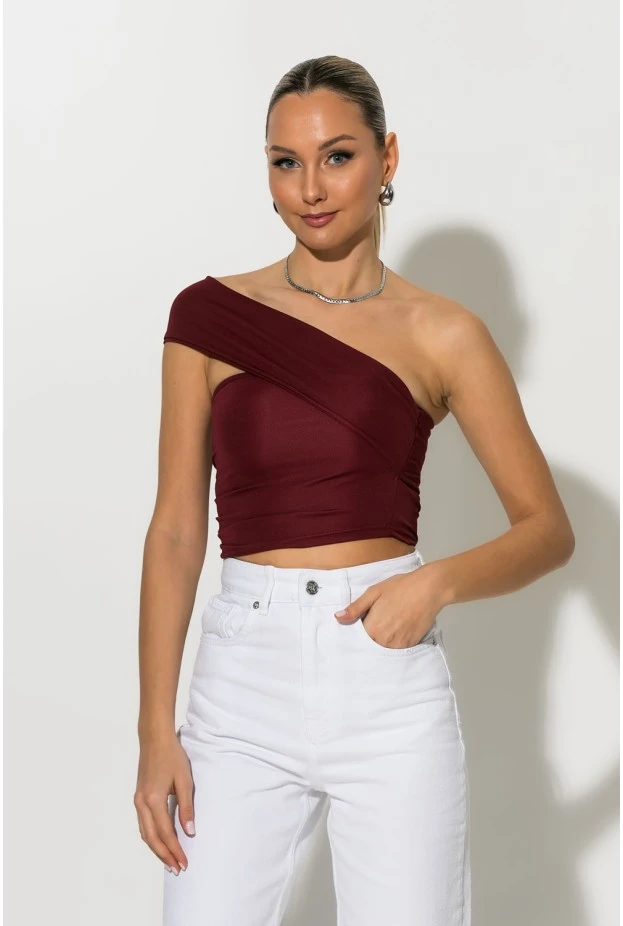 Crop top με ασύμμετρο ένα ώμο μπορντό
