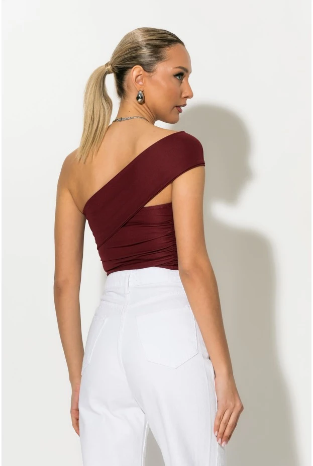 Crop top με ασύμμετρο ένα ώμο μπορντό