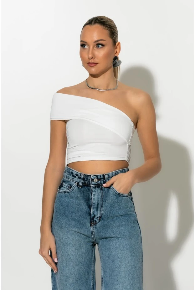 Crop top με ασύμμετρο ένα ώμο λευκό