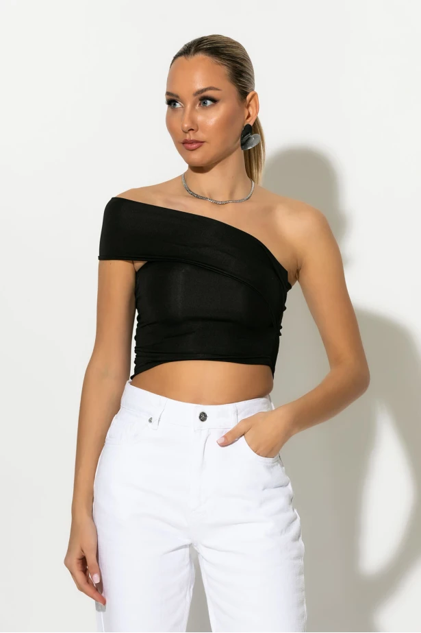 Crop top με ασύμμετρο ένα ώμο μαύρο