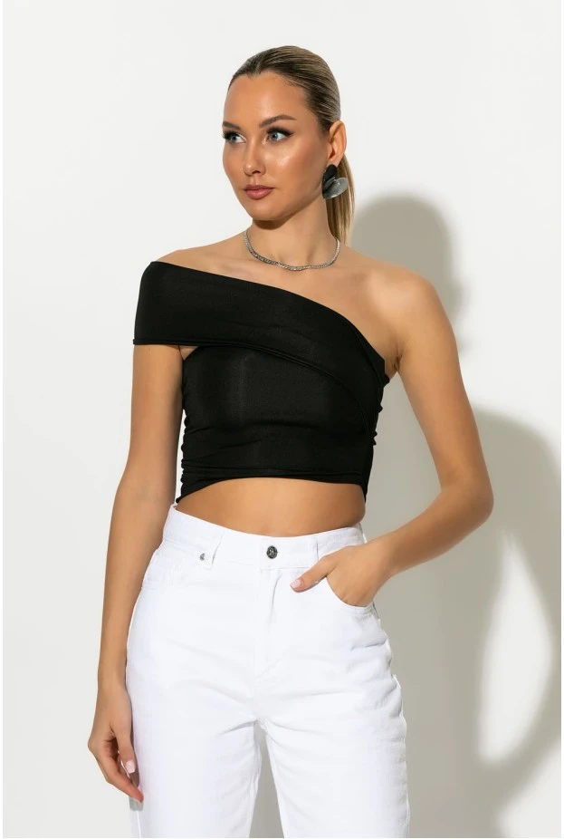 Crop top με ασύμμετρο ένα ώμο μαύρο