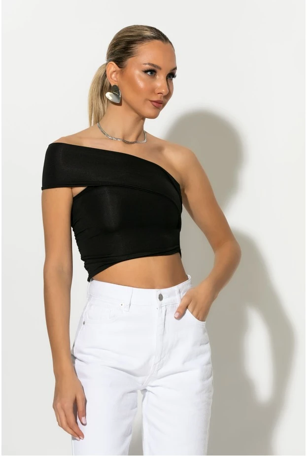 Crop top με ασύμμετρο ένα ώμο μαύρο