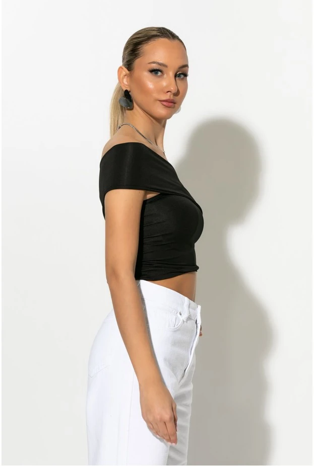 Crop top με ασύμμετρο ένα ώμο μαύρο