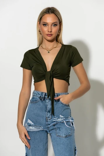 Crop top με δέσιμο μπροστά μαύρο