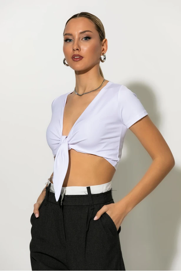 Crop top με δέσιμο μπροστά λευκό Crop top με δέσιμο μπροστά λευκό