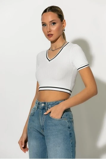 Cropped κοντομάνικο ριπ με ρίγες λευκό