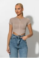 Ριπ crop top με φερμουάρ μπεζ