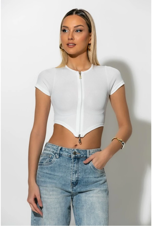 Ριπ crop top με φερμουάρ λευκό
