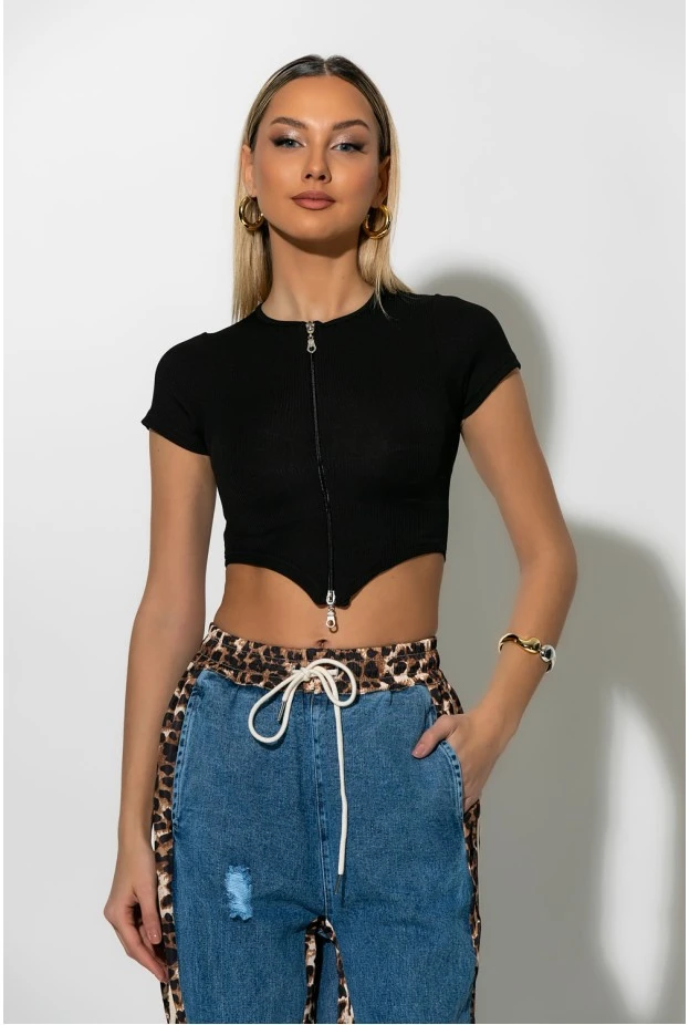 Ριπ crop top με φερμουάρ μαύρο