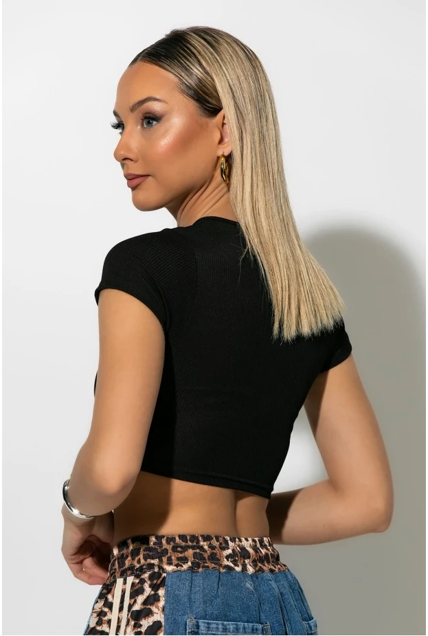 Ριπ crop top με φερμουάρ μαύρο