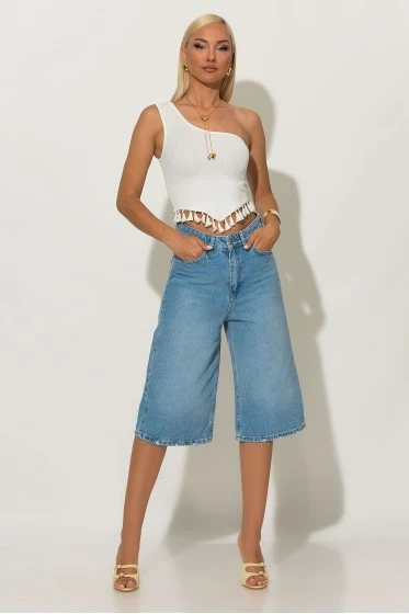 Ριπ crop top με ένα ώμο και κρόσια λευκό