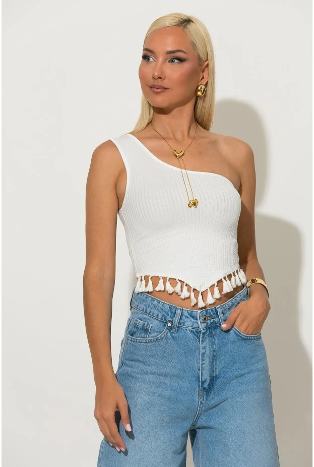 Ριπ crop top με ένα ώμο και κρόσια λευκό
