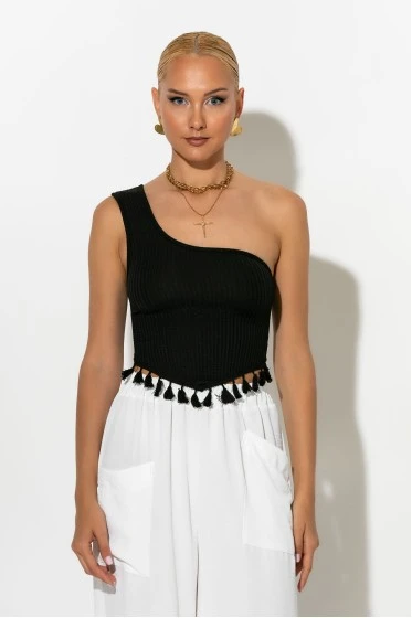 Ριπ crop top με ένα ώμο και κρόσια λευκό