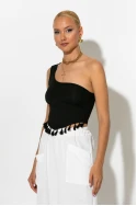 Ριπ crop top με ένα ώμο και κρόσια μαύρο